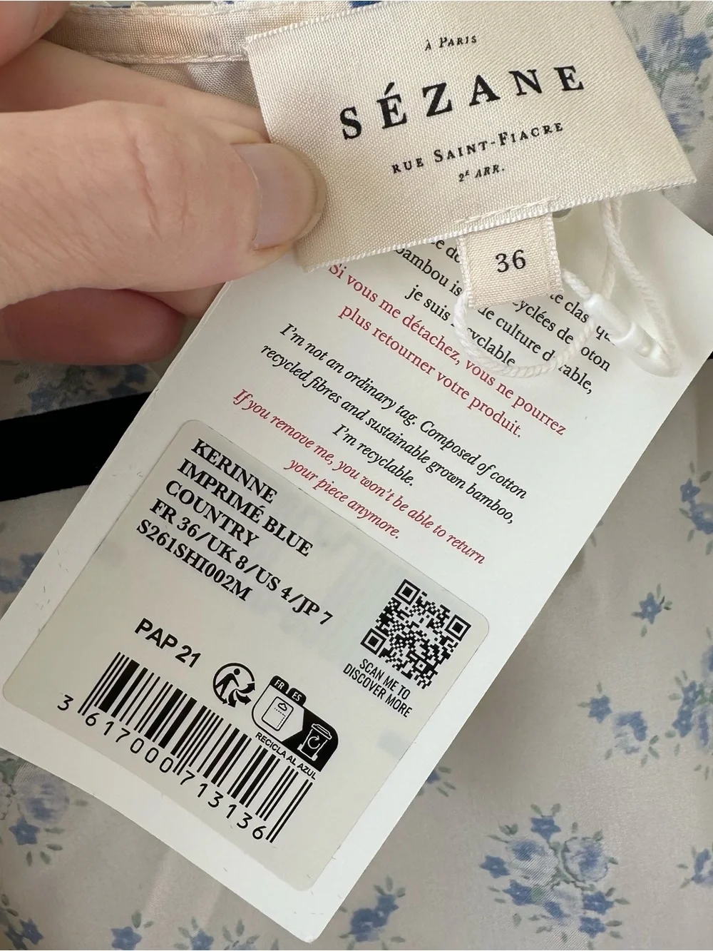SEZANE KERINNE SHIRT in Blue Country SZ FR 36 US 4 NWT - Picture 3 of 5